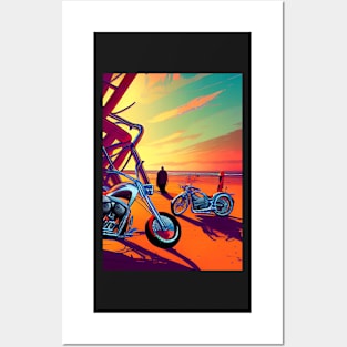 SPOOKY SURREAL RETRO MOTORCYCLES ON A BEACH Posters and Art